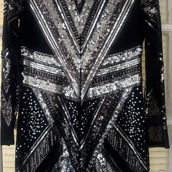 Express Sequin and Mesh Party Dress Deep V Long Sleeve - Picture 2 of 6